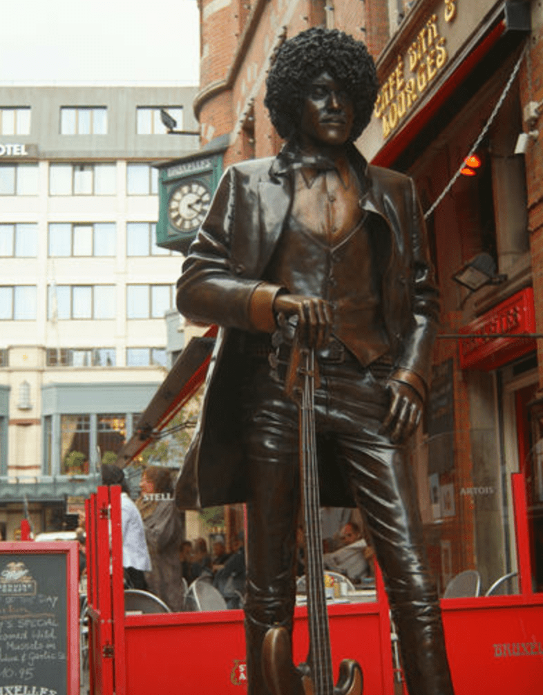 Life-size, bronze statue of Phil Lynott on Harry St. (just off Grafton St) in Dublin.