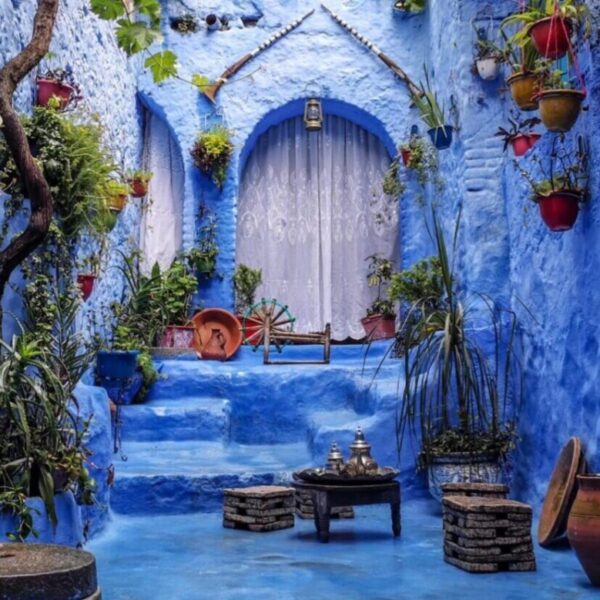 A building in Chefchaoucen, a typical Moroccan city with the medinas, only painted in blue.