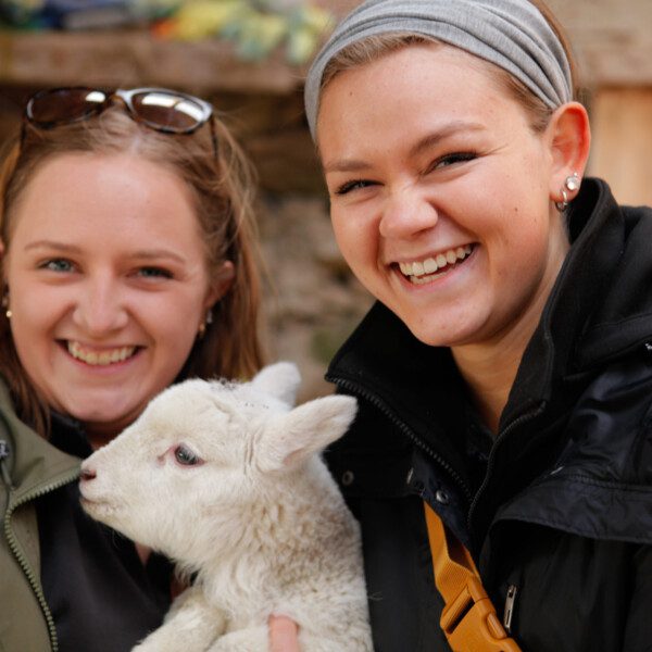 Two women smiling, holding a new born lamb in Ireland
