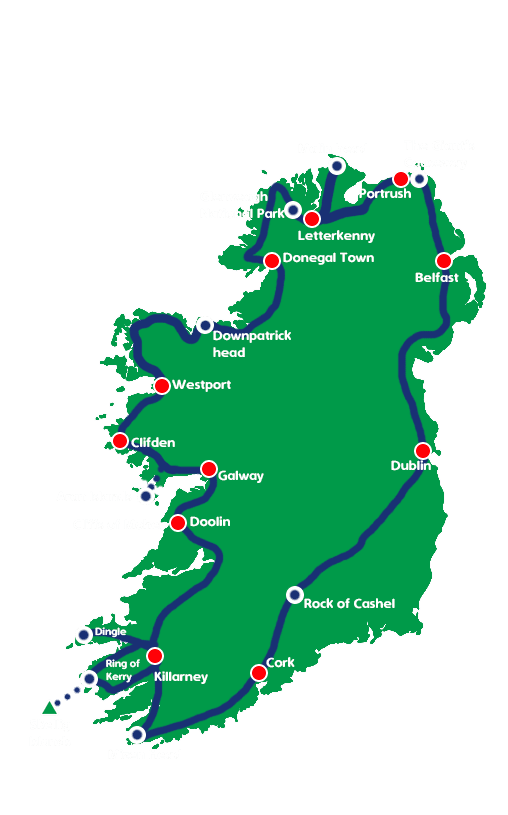 Map of the 14-day tour of Ireland with Wild N Happy tours, with stops around the entire coastline of Ireland and more
