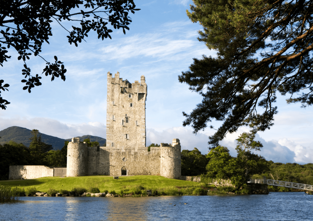 Ross Castle is a 15th-century tower house and keep on the edge of Lough Leane, in Killarney National Park, County Kerry, Ireland. It is the ancestral home of the Chiefs of the Clan O'Donoghue, later associated with the Brownes of Killarney. Near Innisfallen Island