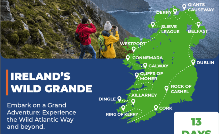 Tour map of Ireland's Wild Grande 13 day tour.
