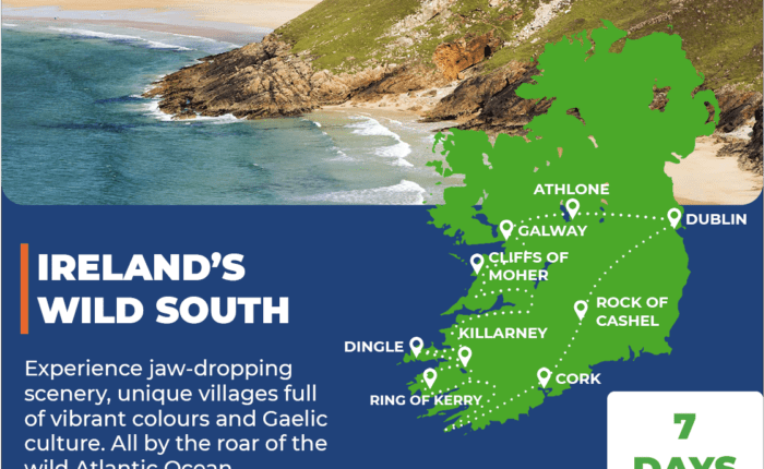 Tour map of Ireland's Wild South 7 day tour.